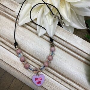 Lavender,Pink Candy Heart and Black Lea Beaded Necklace  'Hug Me' Pendant